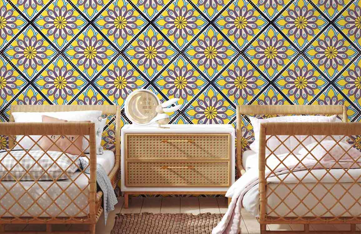 yellow flower repeat pattern mural wallpaper for bedroom