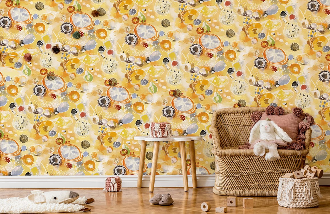 Vibrant yellow abstract wallpaper, creative design with wicker chair, wooden flooring, and playful decor.