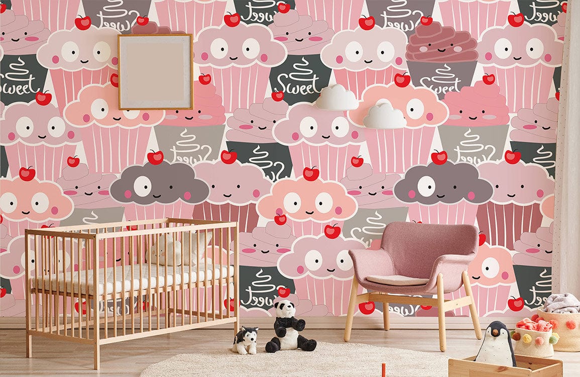 Cute Pastel Cupcake Pattern Child's Bedroom Mural Wallpaper Delight with crib, armchair, and plush toys.