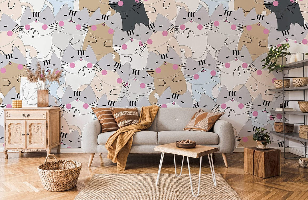 Charming cartoon cats mural wallpaper in a whimsical kids room with soft grey sofa and wooden flooring.