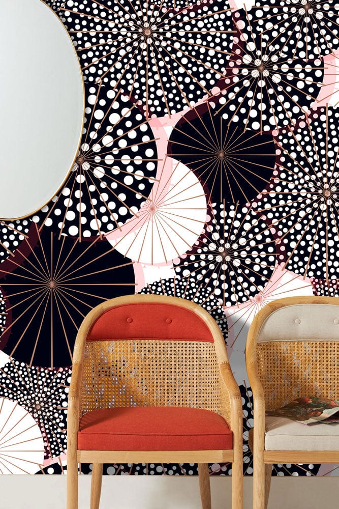 Black and White Polka Dot Abstract Umbrella Pattern Wallpaper with wooden chairs and round mirror.