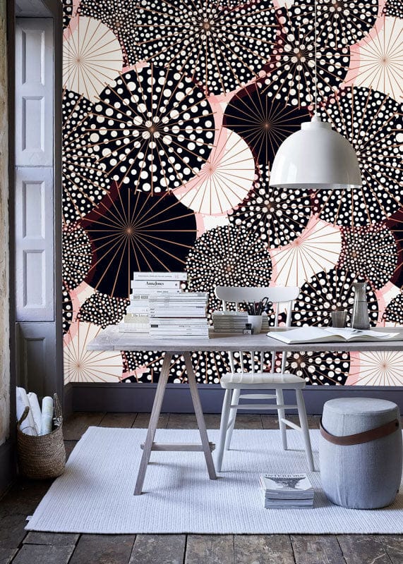 Black and White Polka Dot Abstract Umbrella Pattern Wallpaper in stylish office with rustic wood flooring.