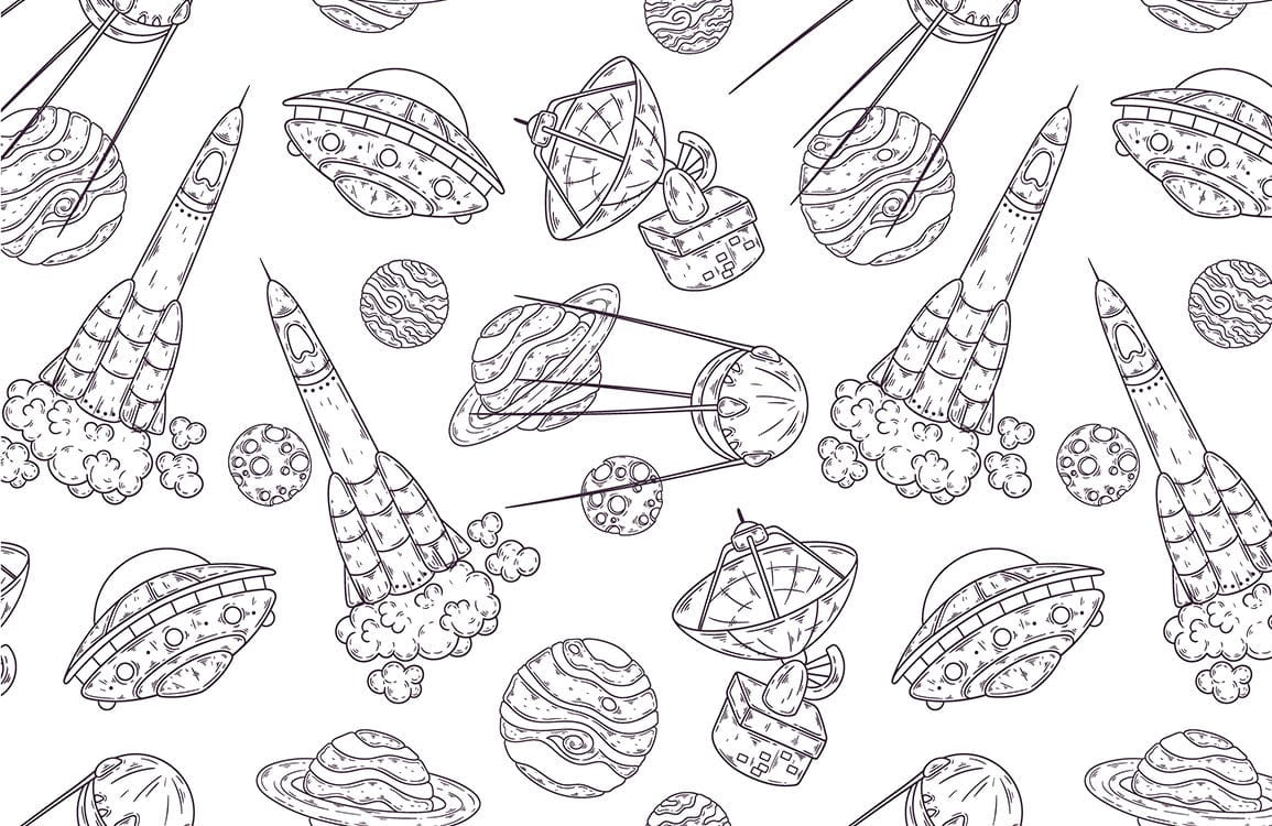 Monochrome Space Adventure Rockets and Planets Kids' Patterned Mural Wallpaper