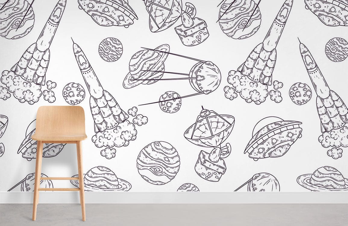 Monochrome rockets and planets mural wallpaper with wooden stool, grey flooring, suitable for kids' room.