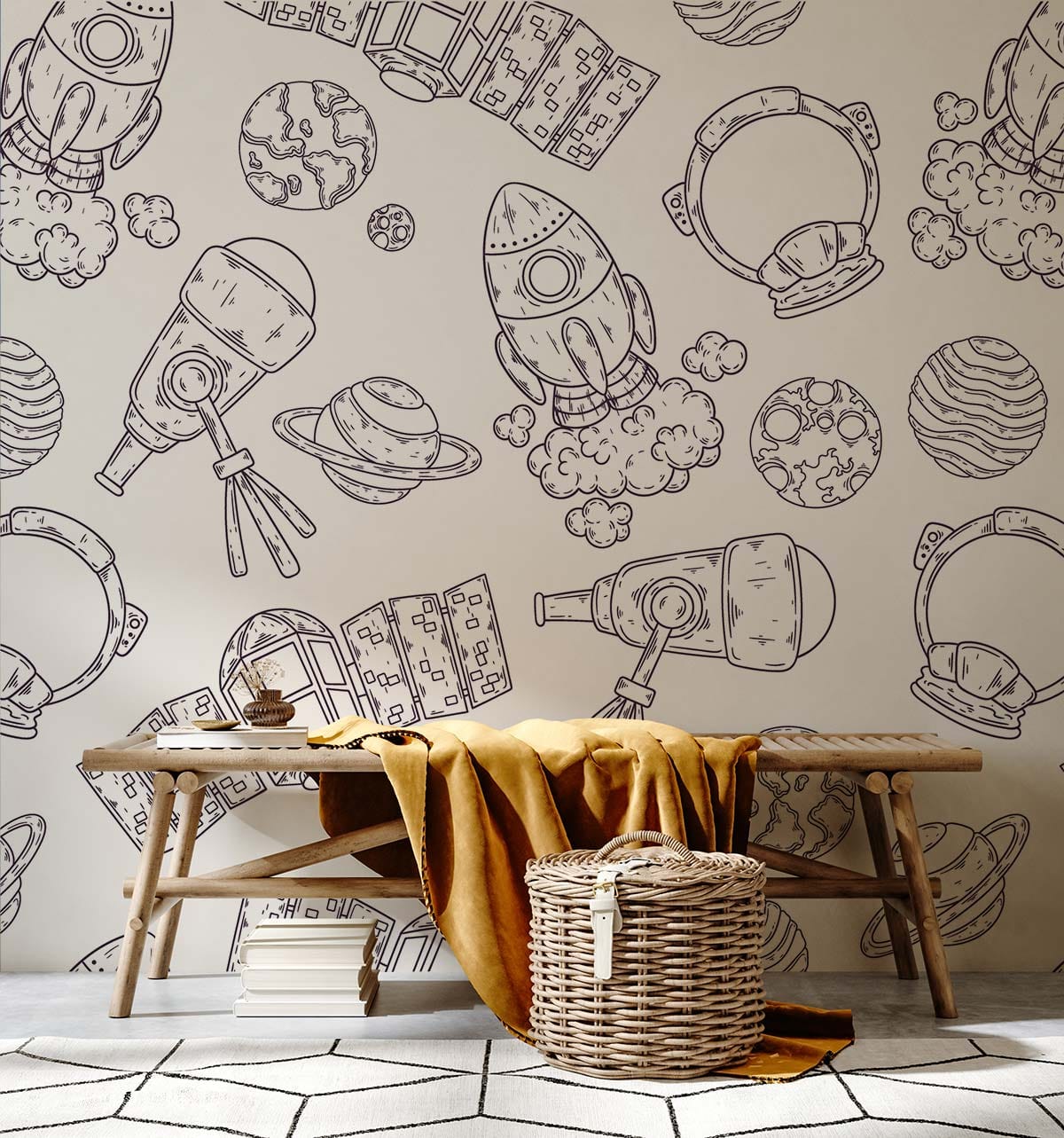 Illustrated space adventure black-and-white wallpaper in children's room with bench, wicker basket, geometric rug.
