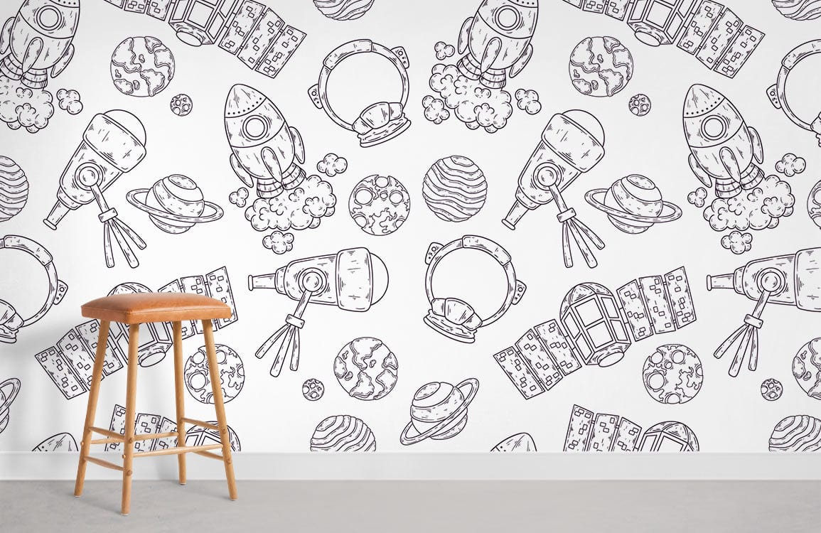 Illustrated Space Adventure wallpaper pattern features rockets, planets; wooden stool on grey floor in children's room.