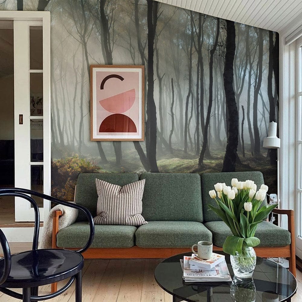 Misty Enchanted Forest Mural Wallpaper with green sofa, wooden flooring, modern art, and tulip decor.