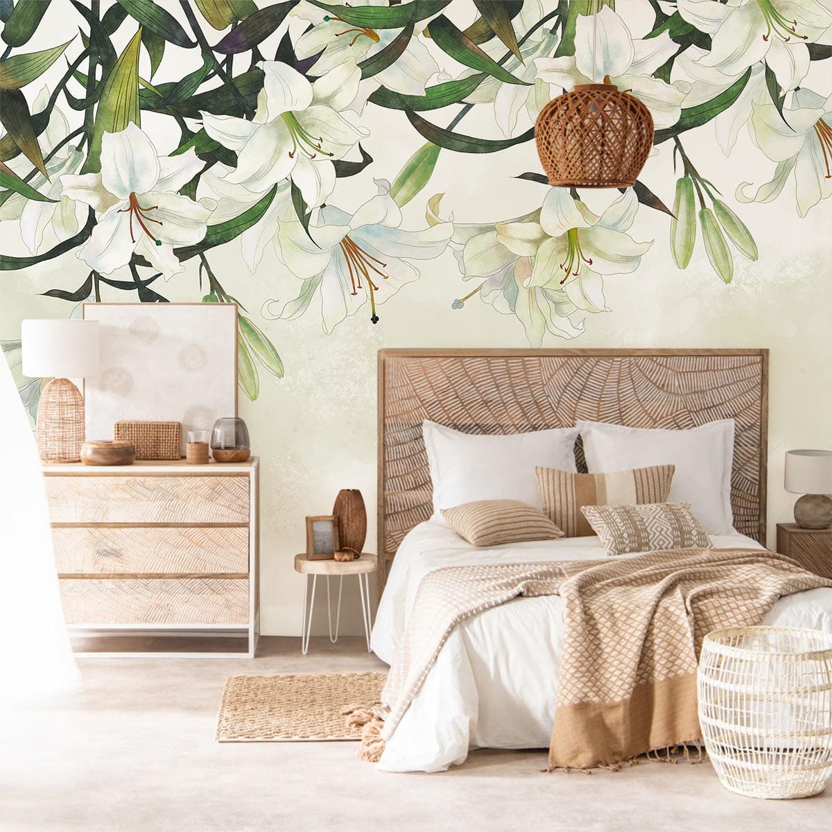 Elegant White Lily Mural Wallpaper in bedroom with wicker furniture, beige bedding, neutral decor, wooden floor.