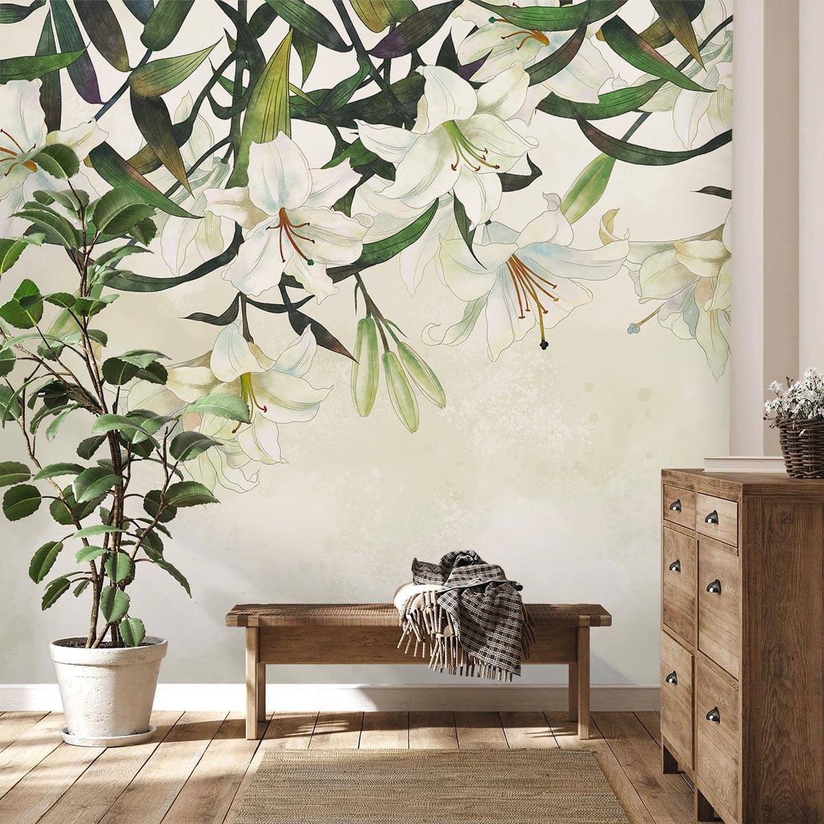 Elegant white lily floral watercolour mural wallpaper in living room with wooden flooring and natural decor.