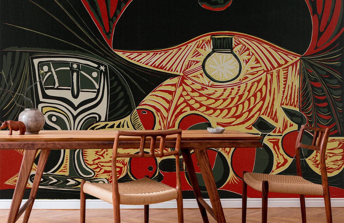 Abstract red and black artistic wallpaper, geometric design, wooden dining set, parquet flooring, modern decor.