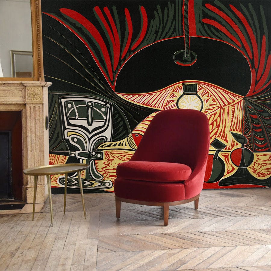 Abstract red and black geometric wallpaper, bold design, vintage chair, parquet flooring, classic fireplace.