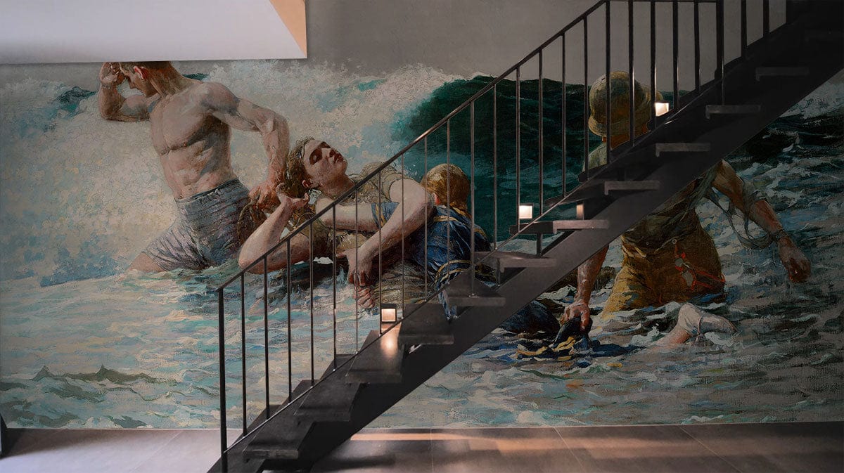 Vintage Ocean Rescue Mural Wallpaper enhances industrial staircase with hardwood flooring. Classic maritime colours.