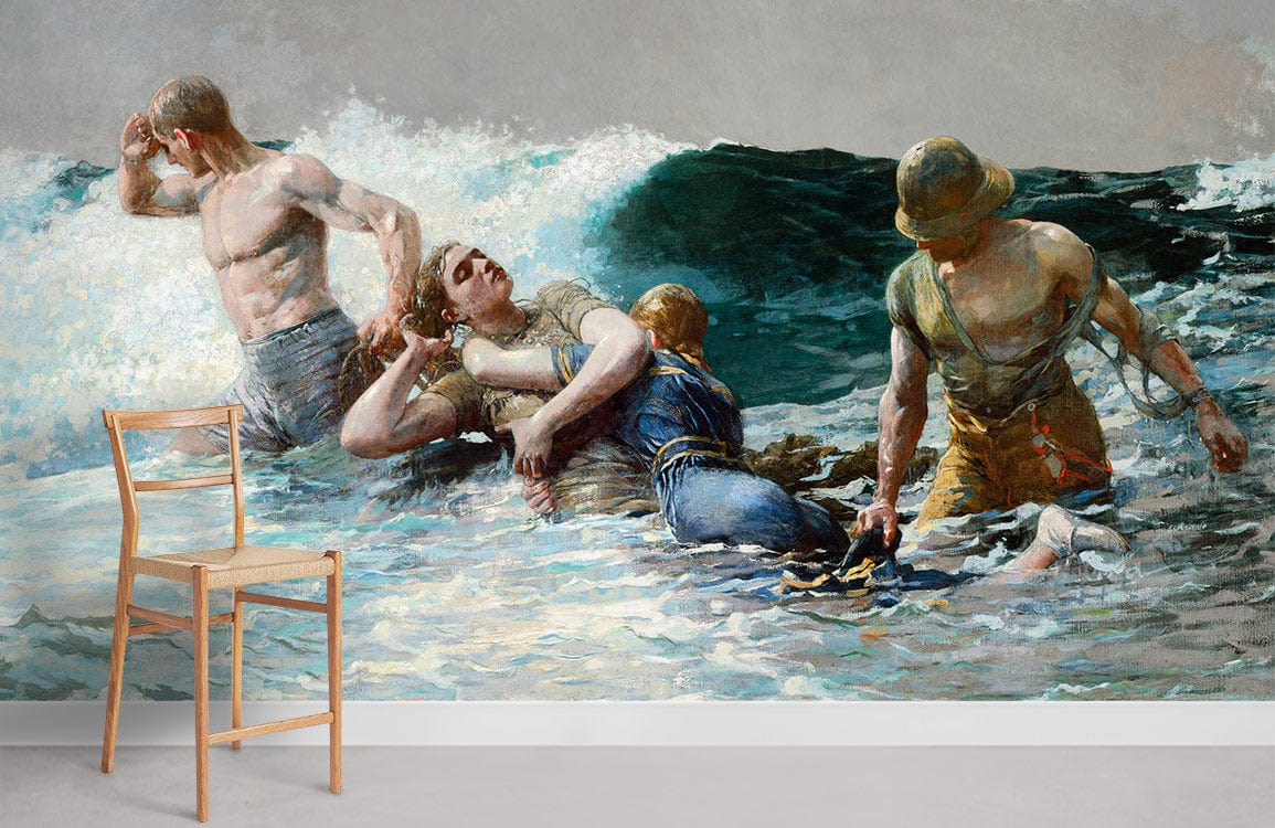 Vintage-inspired mural wallpaper with ocean rescue scene, wooden chair, grey carpet, maritime theme room.