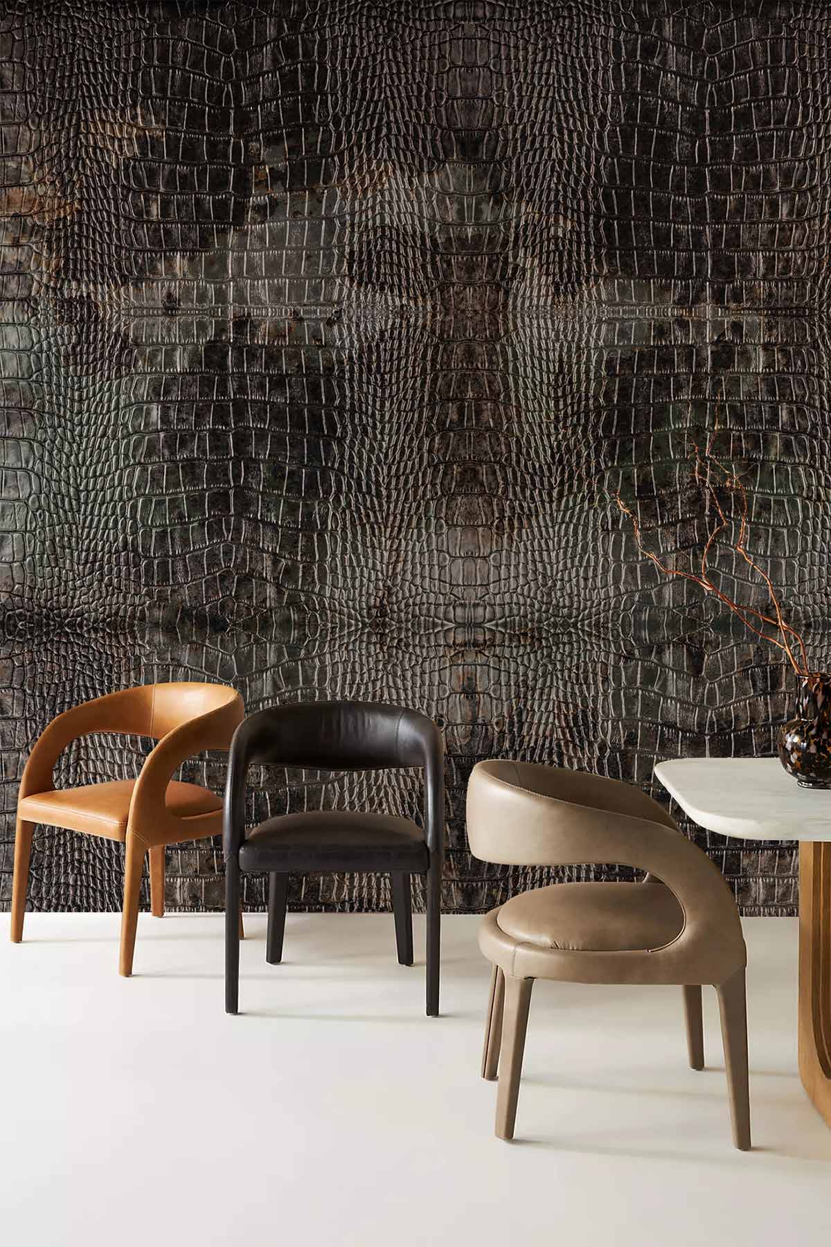 Luxury Textured Grey Crocodile Skin Wallpaper, modern chairs, white floor, sophisticated interior setting.