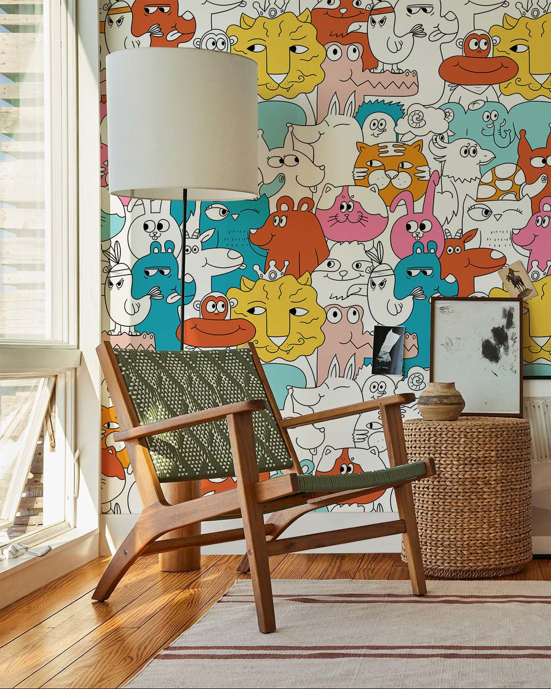Colourful Cartoon Animal Friends Fun Kids' Room Wallpaper with wooden chair, woven basket, modern lamp.