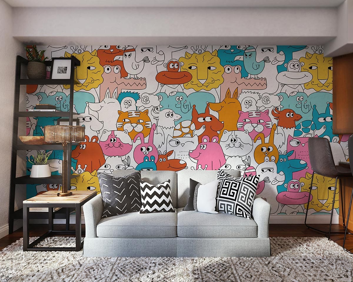 Colourful Cartoon Animal Friends wallpaper featuring lively animals, grey sofa, patterned cushions, wooden flooring.