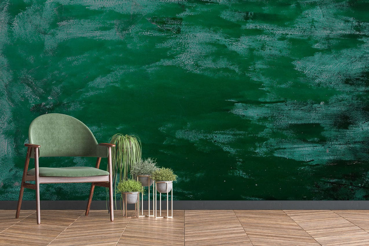 Emerald Brushstroke Green Textured Wallpaper, contemporary interior, green chair, wooden flooring, potted plants.