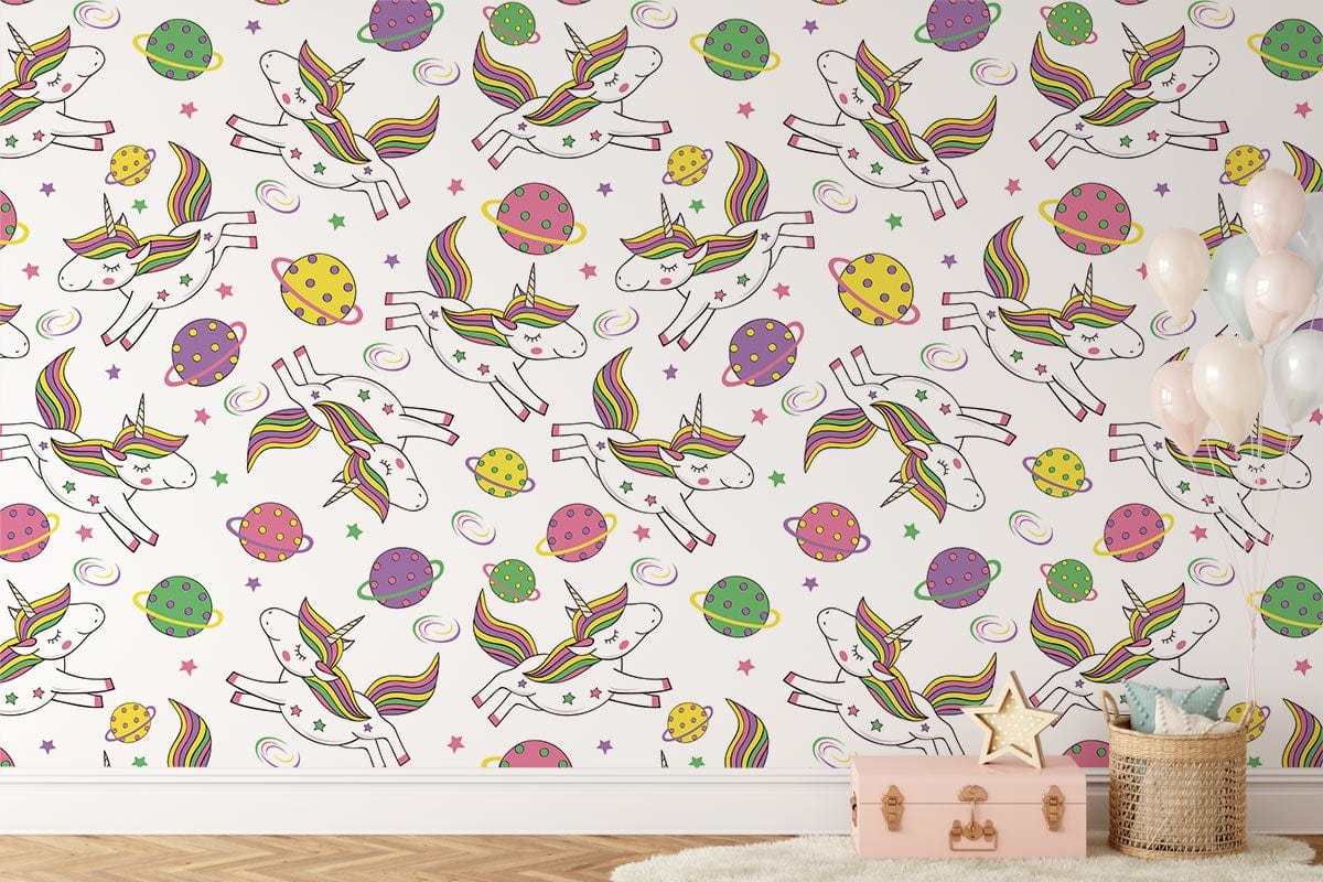 Whimsical unicorn wallpaper in pastel kids' bedroom with plush rug, pink storage, and balloon decor.