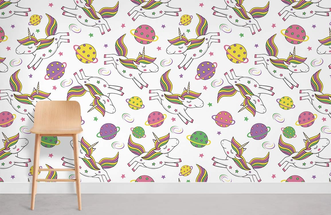Whimsical Unicorn Dreamscape wallpaper in pastel kids' room with wooden chair and grey flooring.
