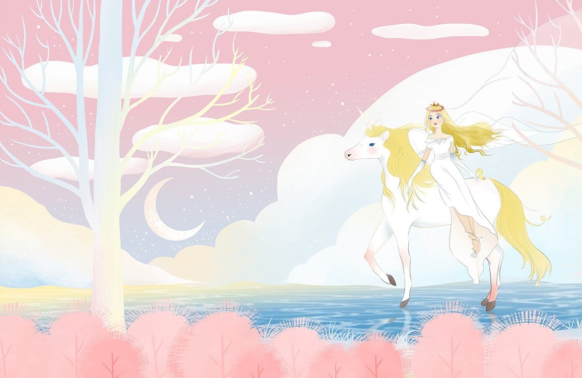 Ethereal Enchanted Unicorn Mural Wallpaper in Pastel Pink Fantasy Landscape