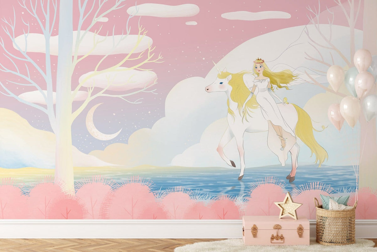 Ethereal Enchanted Unicorn Mural in pastel pink fantasy landscape, featuring light hardwood flooring.