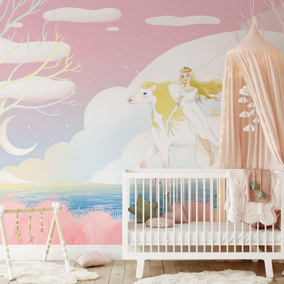 Ethereal unicorn mural wallpaper in pastel nursery with white crib, pink canopy, wooden floor.