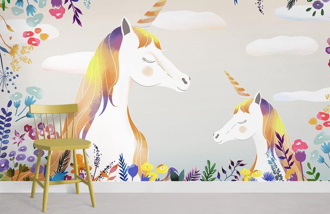 Enchanting Unicorn Mural Wallpaper with vibrant floral fantasy, wooden chair, smooth grey flooring, nursery setting.