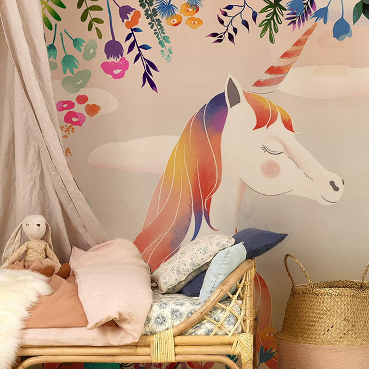 Whimsical Rainbow Unicorn Mural, vibrant floral design, wicker chair, cosy cushions, dreamy bedroom setting.