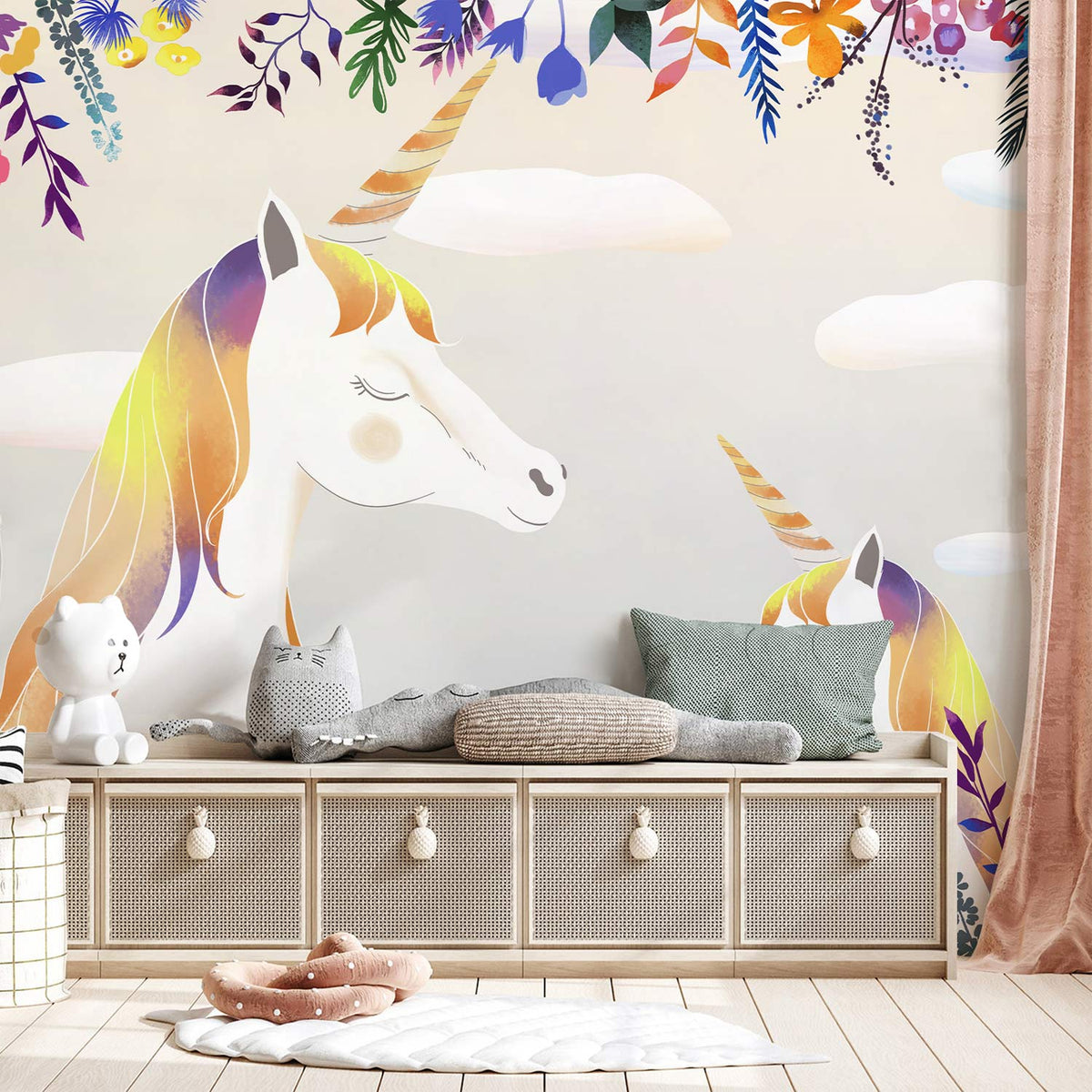 Enchanting Unicorn Mural Wallpaper with vibrant floral design in a children's room, featuring cosy seating.