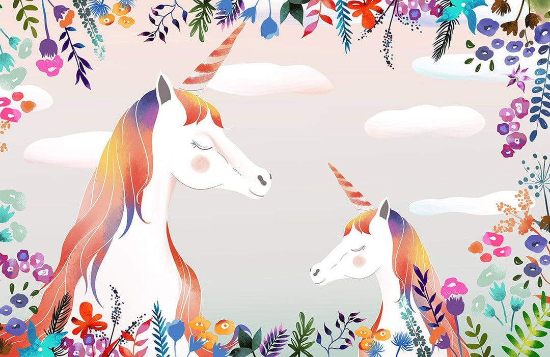 Whimsical Rainbow Unicorn Mural Wallpaper with Colourful Floral Design Magic