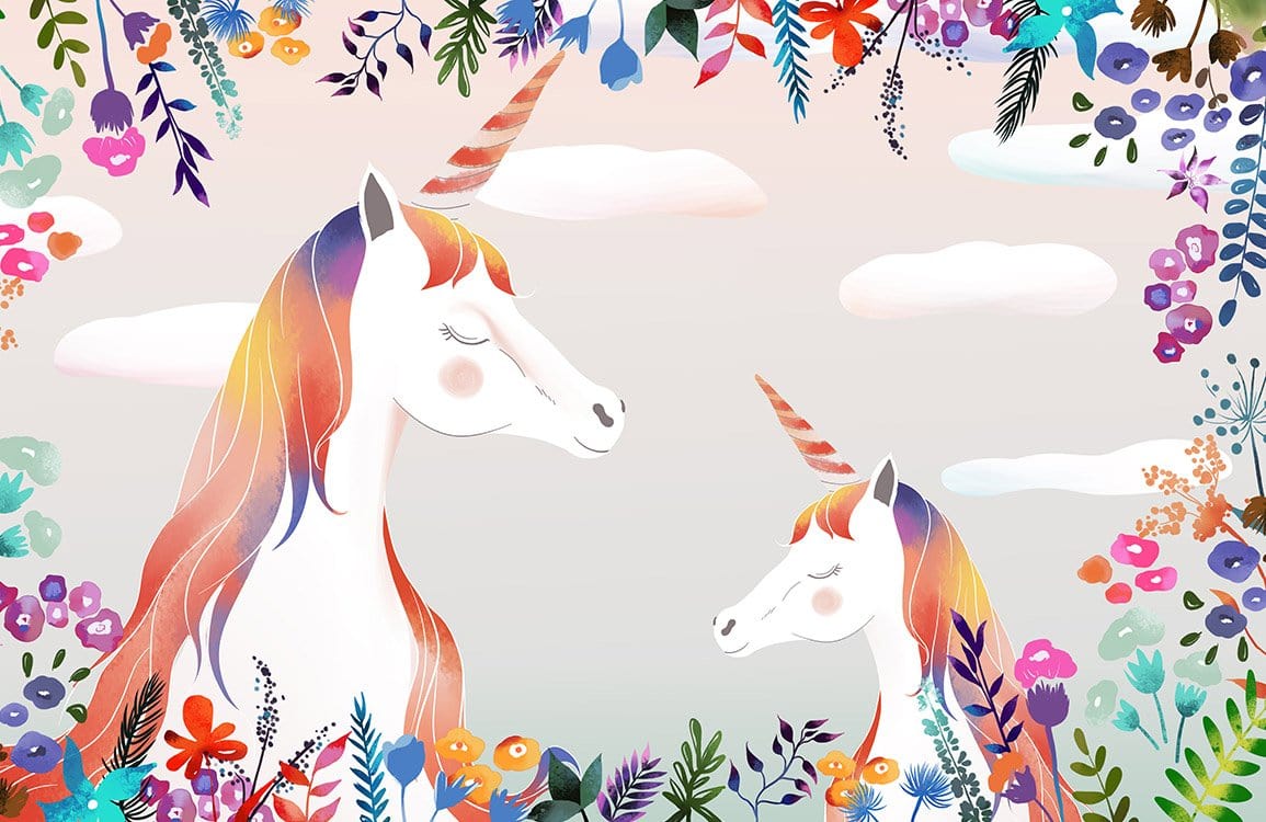 Whimsical Rainbow Unicorn Mural Wallpaper with Colourful Floral Design Magic