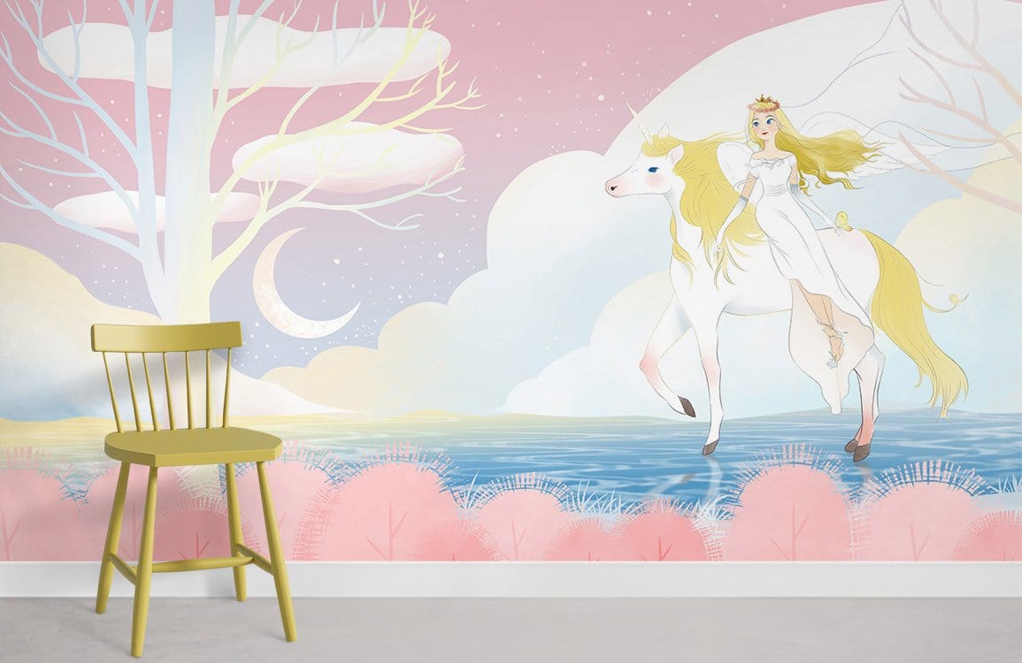 Ethereal Enchanted Unicorn mural wallpaper, pastel pink fantasy landscape, wooden chair, grey flooring, dreamy decor.
