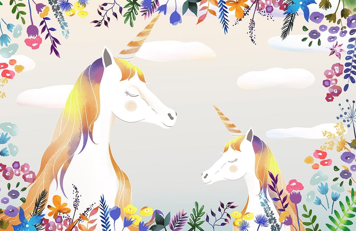 Enchanting Unicorn Mural Wallpaper with Vibrant Floral Fantasy Design