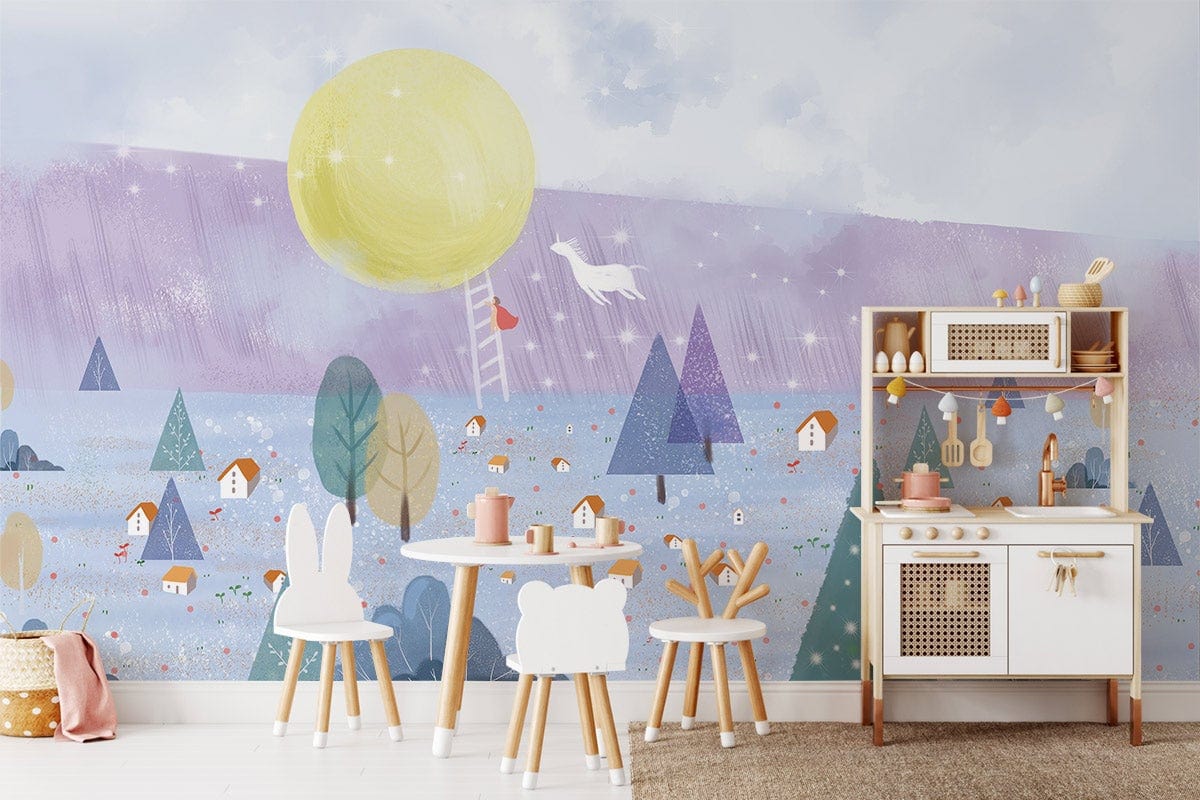 Dreamy Enchanted Forest Mural Wallpaper in nursery, pastel colours with whimsical design, white furniture.