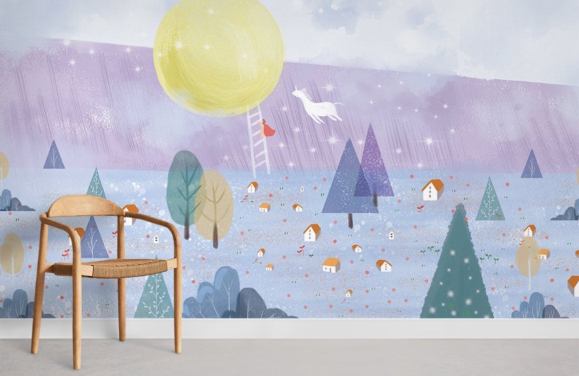 Dreamy Enchanted Forest Mural Wallpaper in Pastel Colours with Whimsical Design, wooden chair, light flooring.