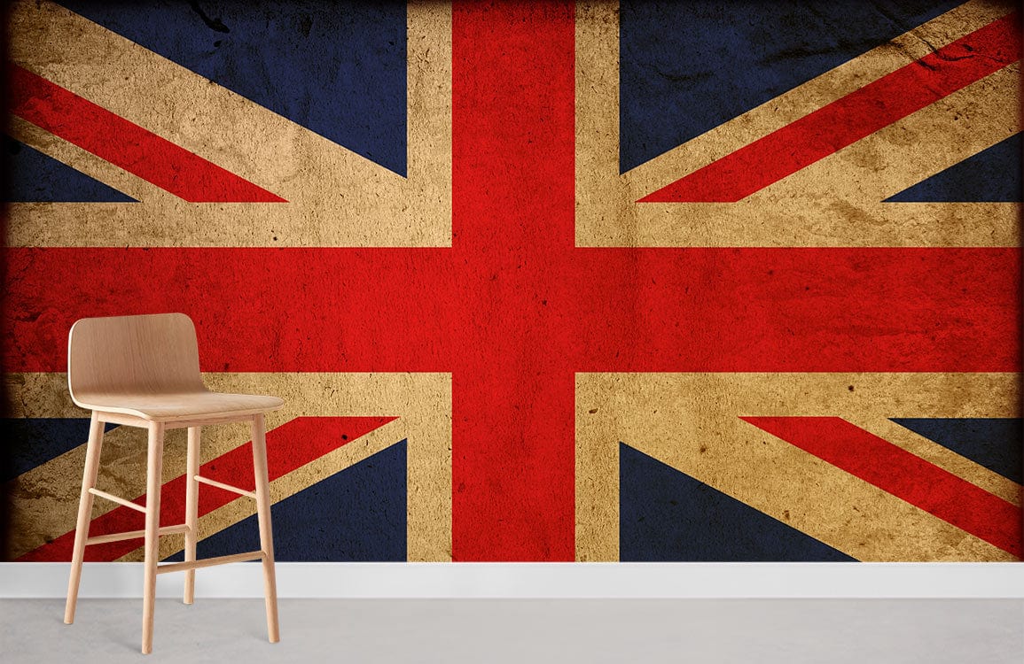Vintage Union Jack mural wallpaper with wooden stool on grey floor, classic British interior decor.