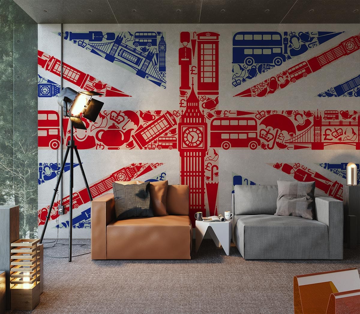 Union Jack wallpaper with London icons, grey sofa, brown armchair, modern industrial lamp, carpet flooring.