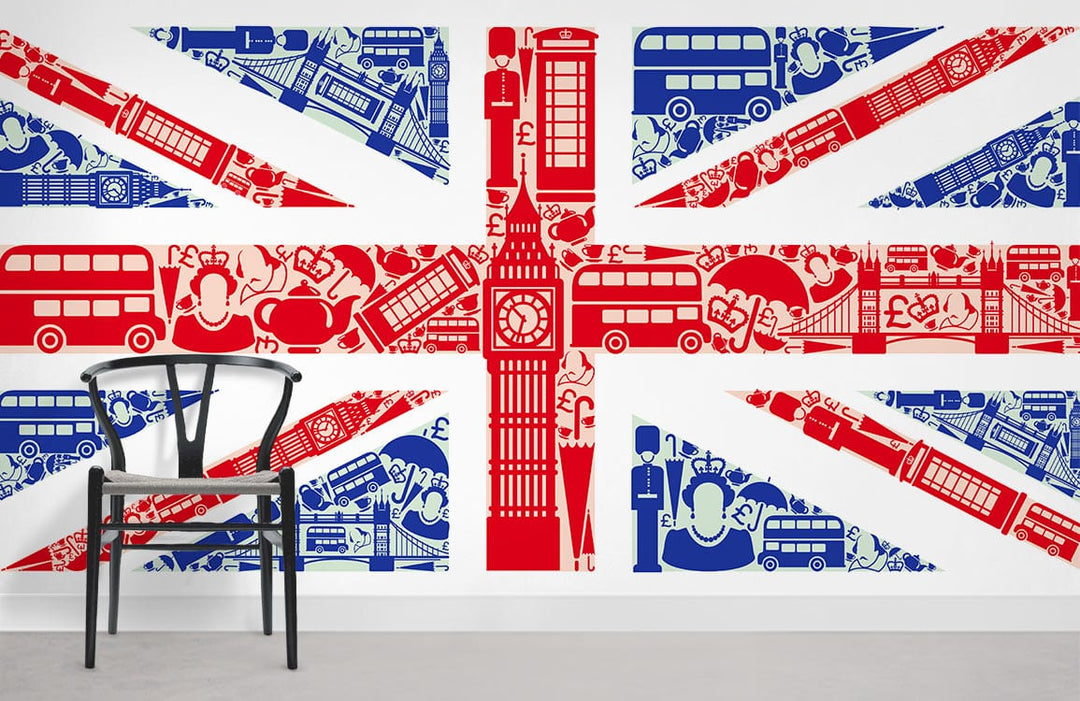 Union Jack icons wallpaper, red and blue, vintage London design in modern room with black chair.