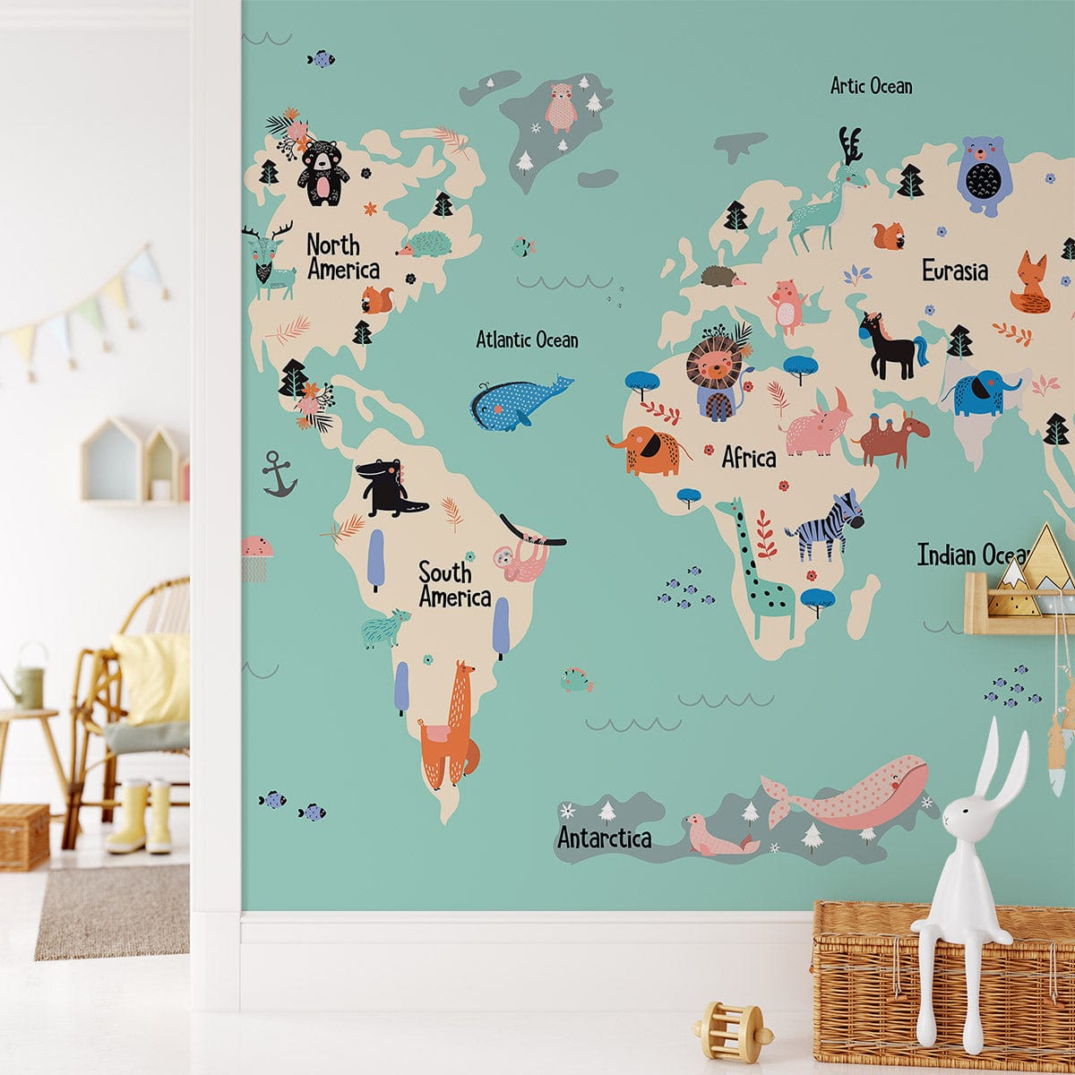 Children's room with colourful world map mural wallpaper, wooden chair, light flooring, and playful decor.