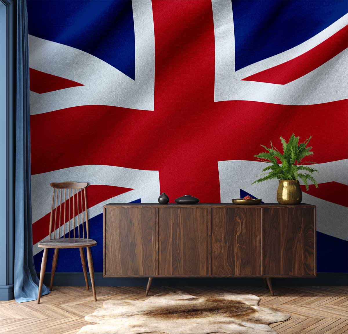 Union Jack wallpaper with wood sideboard, chair, and rug in stylishly decorated room.