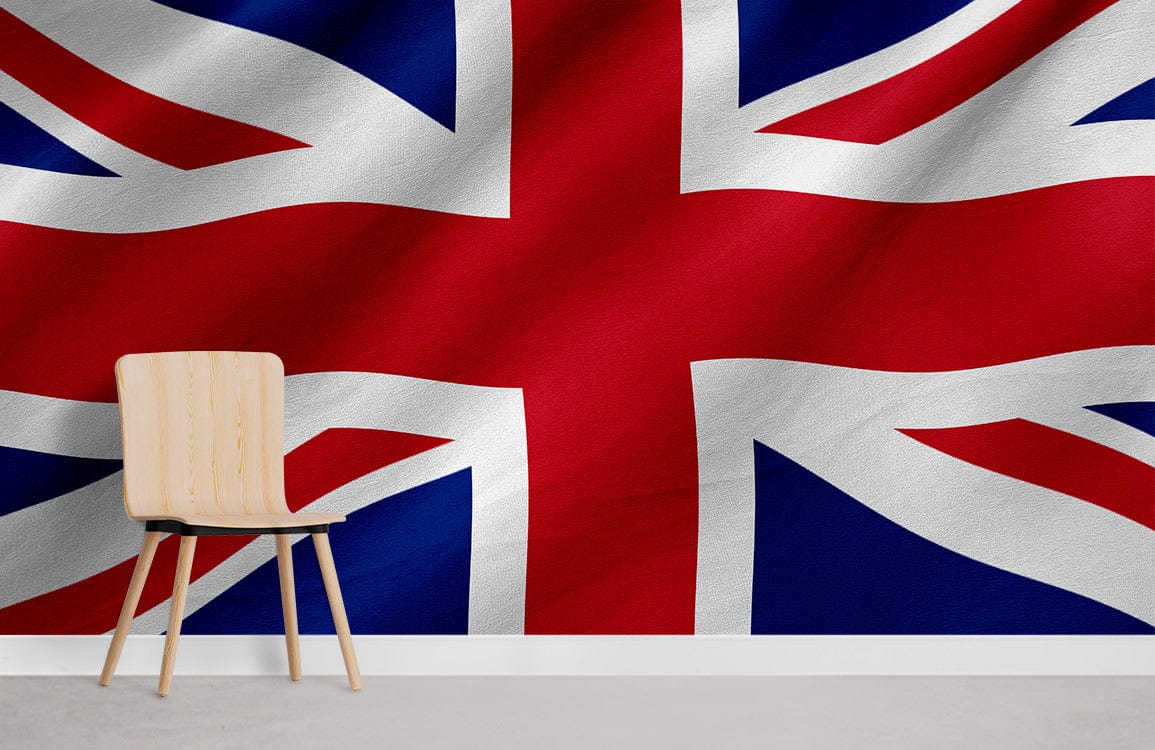 Union Jack wallpaper in bold red and blue pattern, modern chair on light grey flooring.