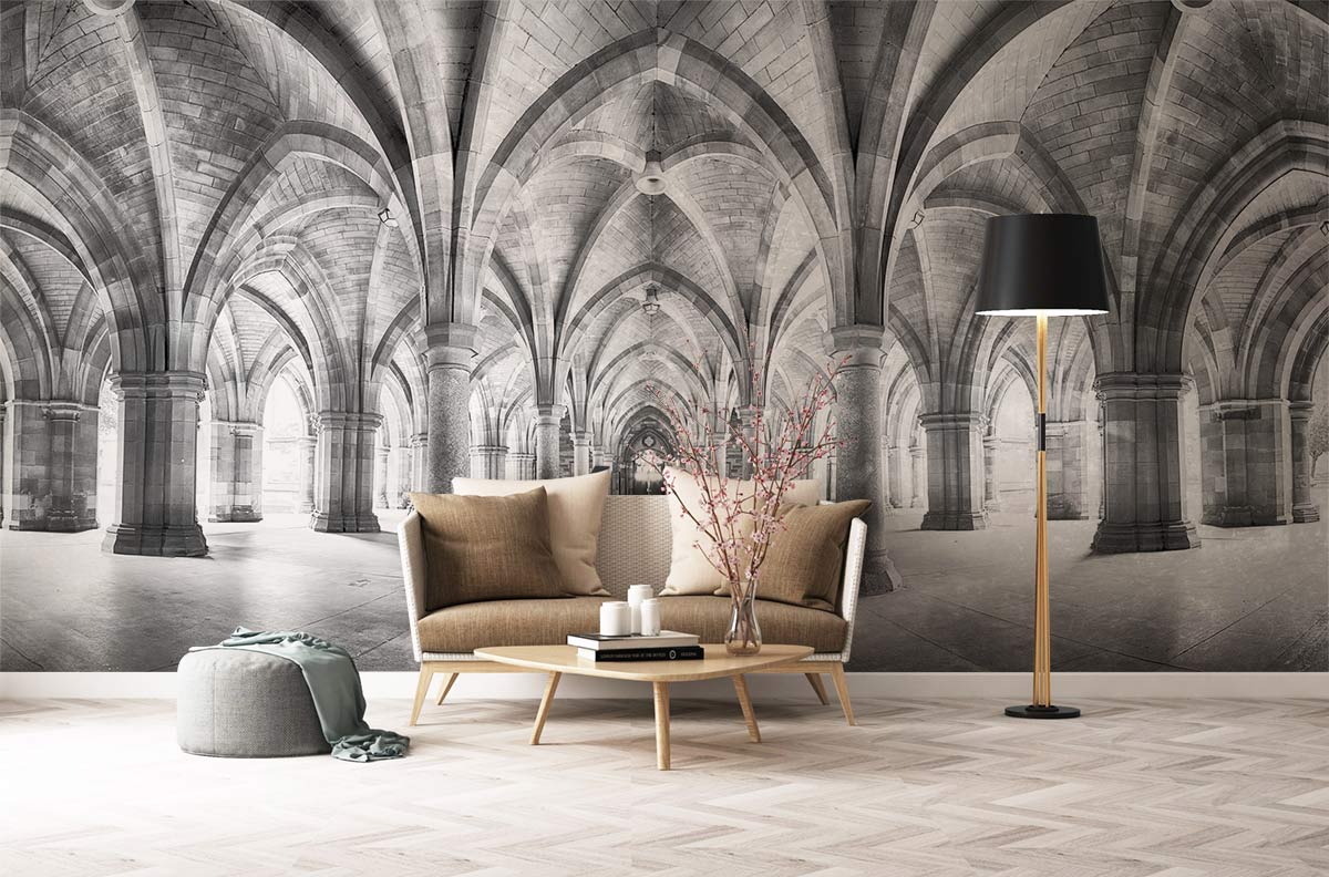 Elegant Gothic architecture mural in monochrome, beige sofa, floor lamp, herringbone flooring, minimalist lounge.