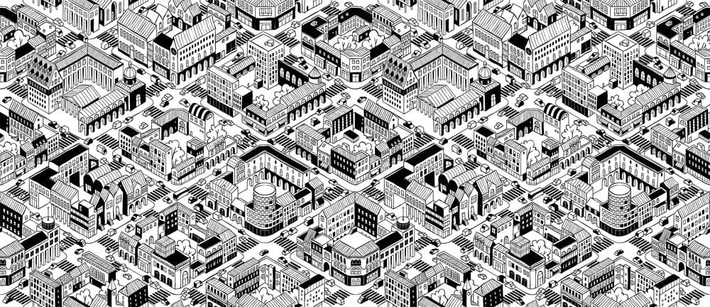 Monochrome Urban Cityscape Geometric Pattern Wallpaper - Black and White Design