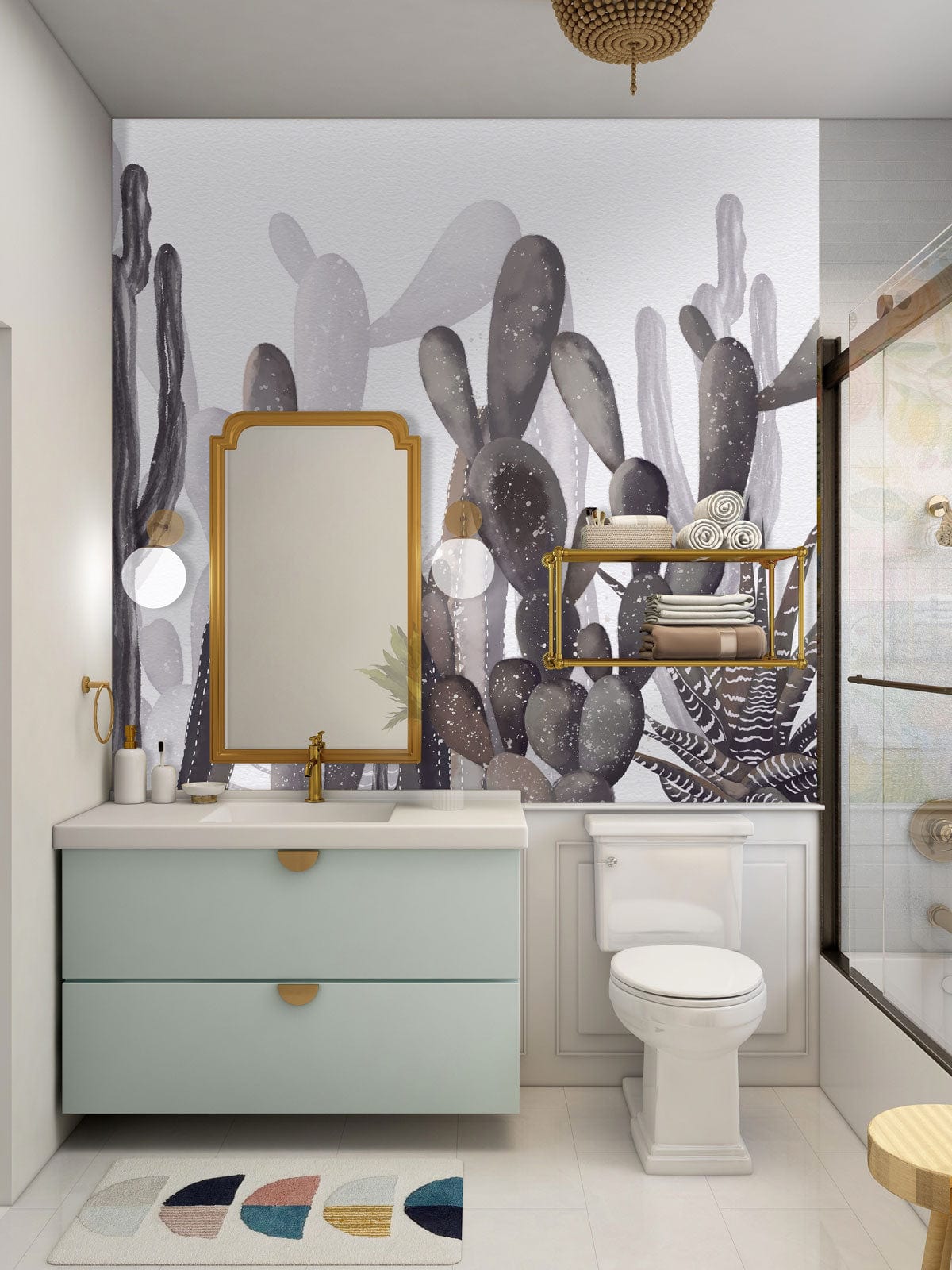 Desert Oasis Grey Cactus Mural Wallpaper in modern bathroom with mint vanity and gold accents.