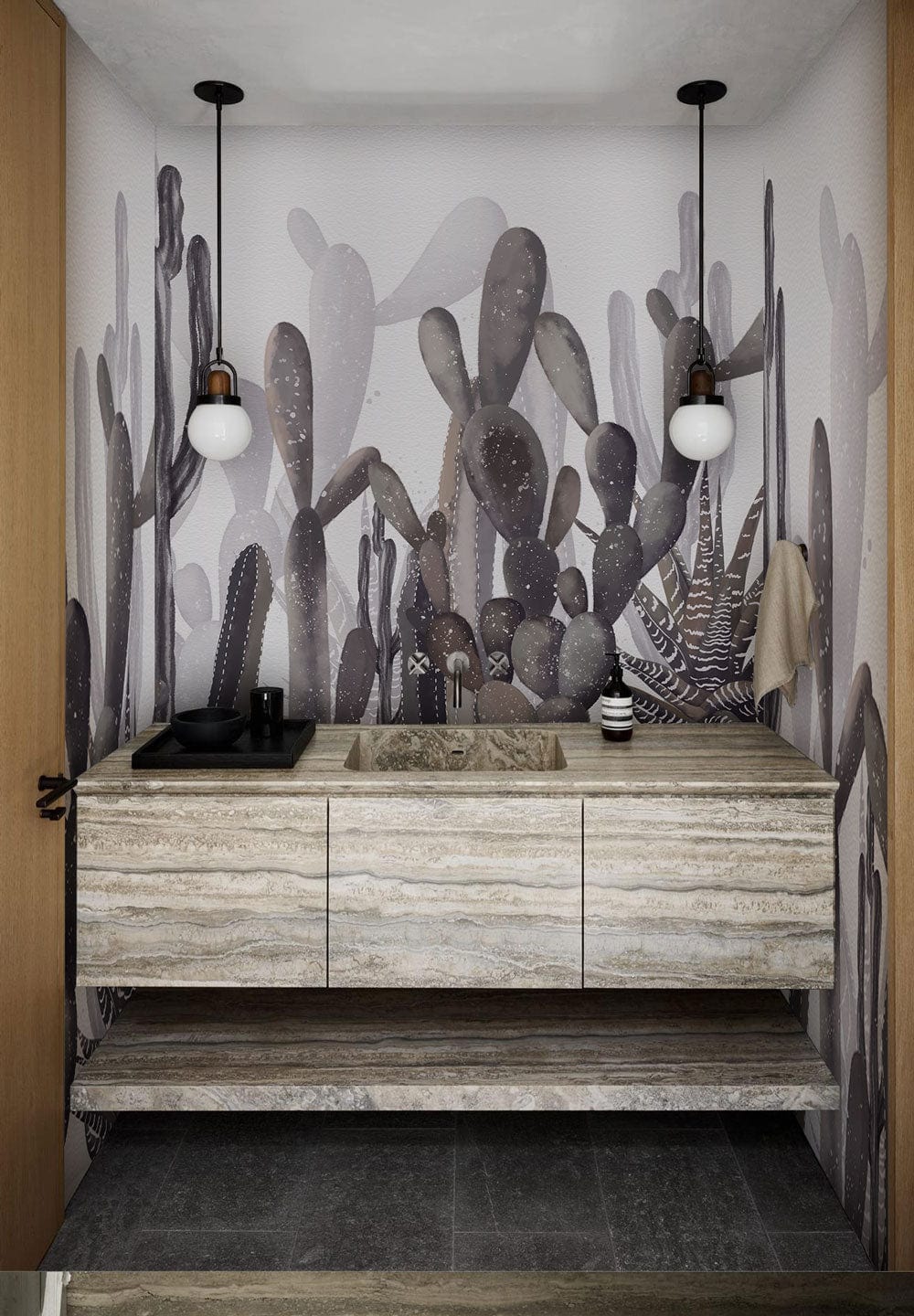 Desert Oasis Grey Cactus Mural Wallpaper in modern bathroom with stone sink and grey flooring.