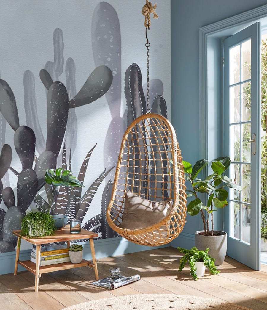 Desert Oasis Grey Cactus Mural Wallpaper for Modern Home Interiors