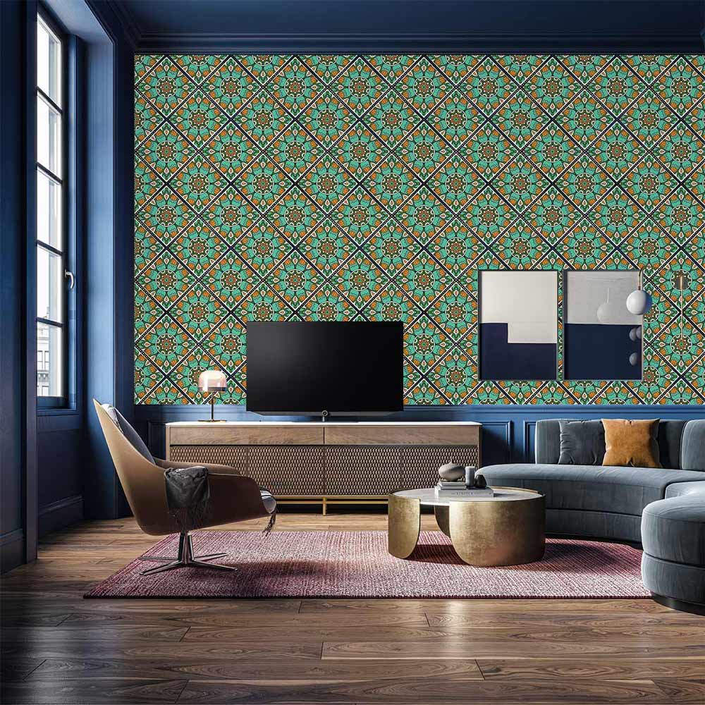 Vintage turquoise and orange geometric wallpaper, retro-style, blue walls, wooden flooring, modern sofa.