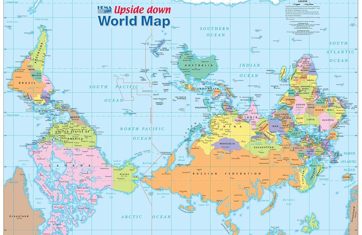 Vibrant Upside Down World Map Mural Wallpaper - Educational Blue Decor