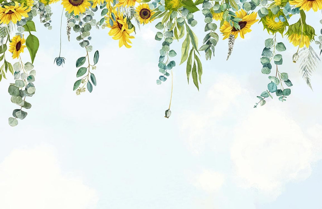 Sunny Floral Bliss Wallpaper: Botanical Murals with Sky Blue Background