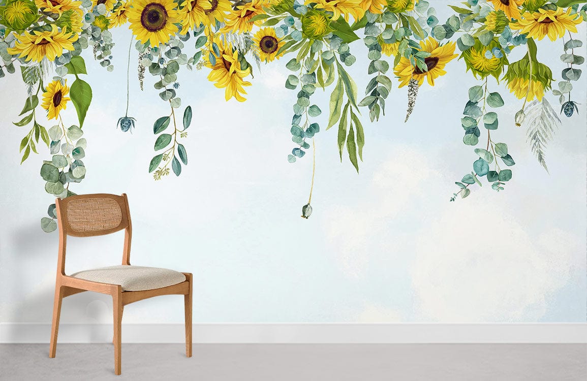 Sunny Floral Bliss Wallpaper with sunflowers, botanical designs; wooden chair, grey floor; complementing decor.